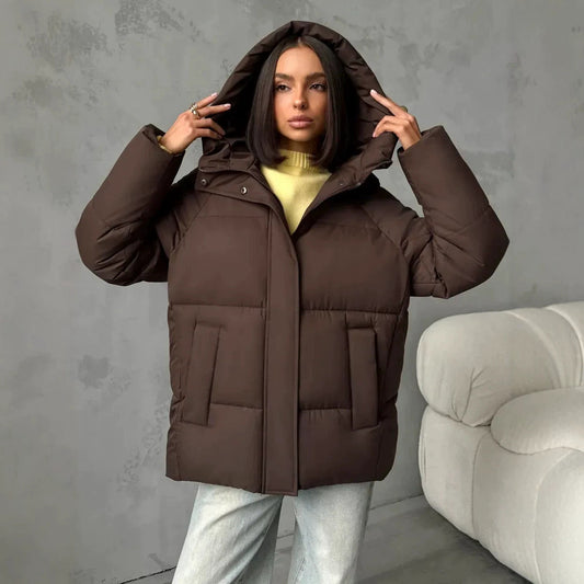 Damen Pufferjacke mit Kapuze Steppjacke Kurz Braun Winter