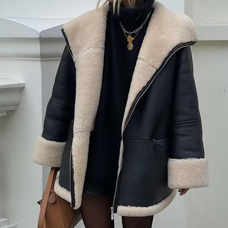 Unisex Wendejacke Schwarz mit Teddyfutter Lammfell-Optik Reißverschluss