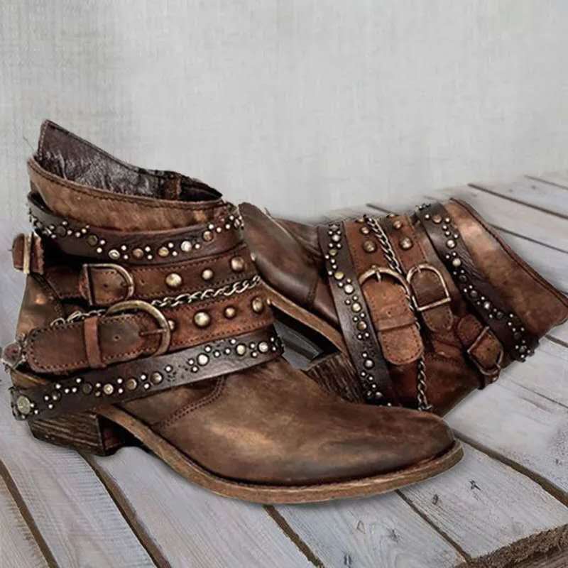 Damen Western Stiefel Vintage-Optik Ankle Boots mit Nieten und Schnallen