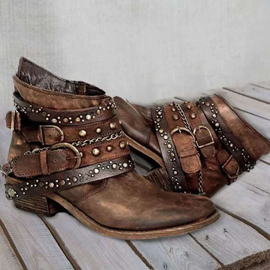 Damen Western Stiefel Vintage-Optik Ankle Boots mit Nieten und Schnallen