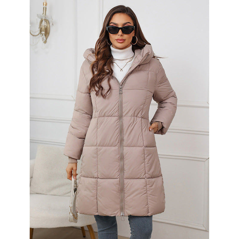 Damen Winter Steppjacke lang mit Kapuze und Reißverschluss, gefüttert