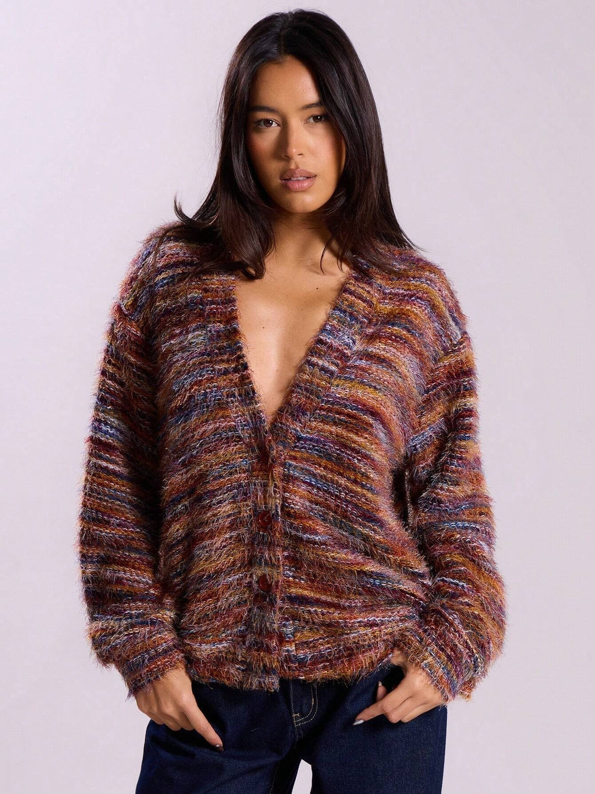 Damen Flauschiger Strick Cardigan mit V-Ausschnitt und Knopfleiste