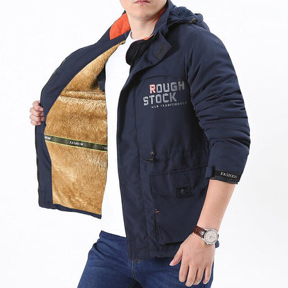 Herren Winterjacke mit Kapuze, Teddyfutter und Taschen, Warm Gefütterte Outdoor Jacke