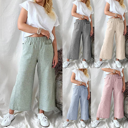 Heather – Weite Damenhosen aus Baumwollmischung – Veganes Leinen mit Streifen