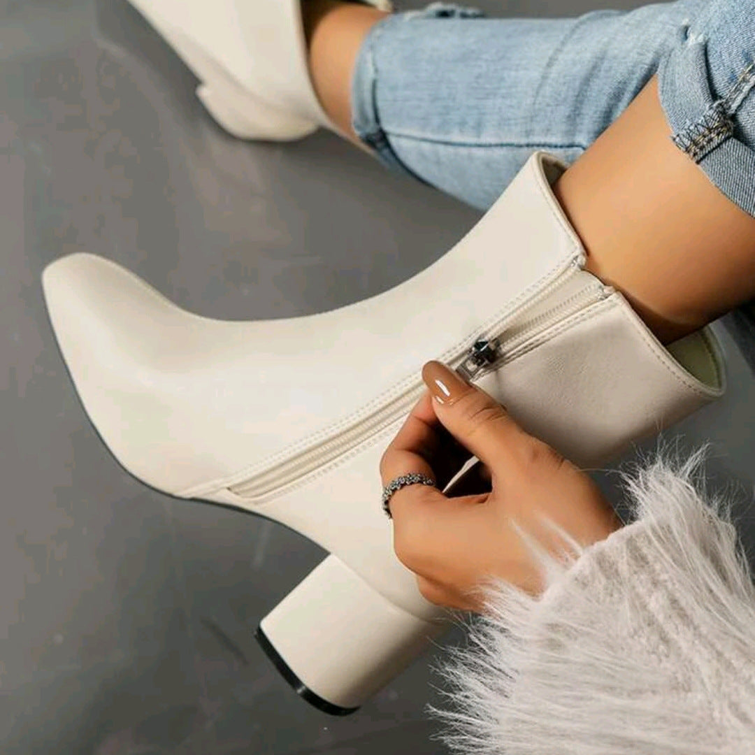 Damen Stiefelette mit Blockabsatz und Reißverschluss, spitzer Zehenbereich