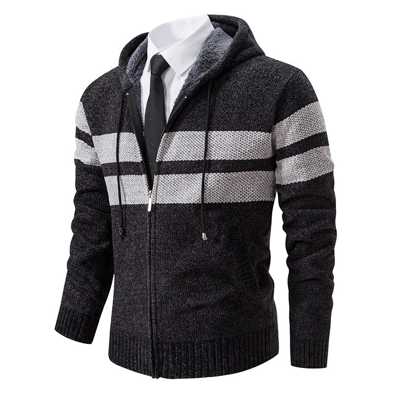 Herren Strickjacke mit Kapuze, Reißverschluss und Streifen, gefütterter Kapuzenpullover