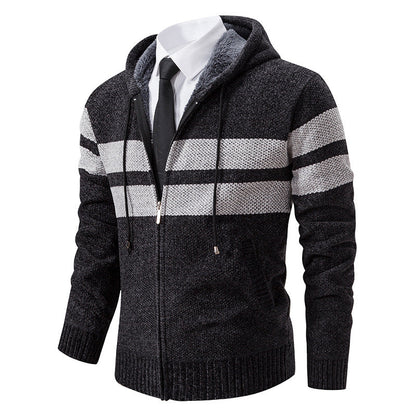Herren Strickjacke mit Kapuze, Reißverschluss und Streifen, gefütterter Kapuzenpullover