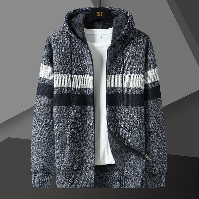 Herren Strickjacke mit Kapuze & Reißverschluss, gefüttert, gestreift