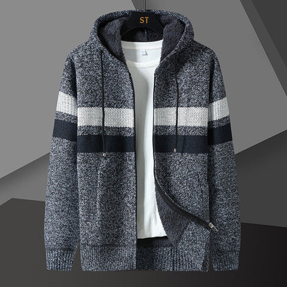 Herren Strickjacke mit Kapuze & Reißverschluss, gefüttert, gestreift