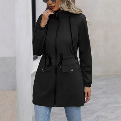 Damen Kapuzenjacke Schwarz mit Kordelzug in der Taille