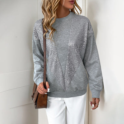 Damen Sweatshirt Grau mit Pailletten Verzierung Rundhalsausschnitt Langarm