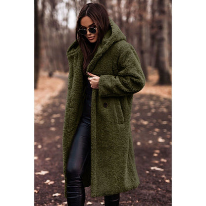 Damen Teddyfell-Mantel mit Kapuze – Langarm Wintermantel