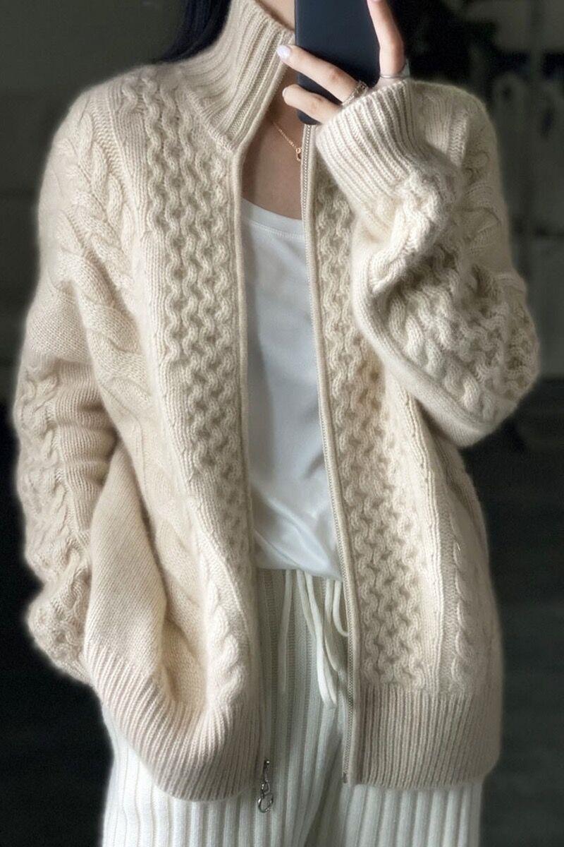 Damen Strickjacke mit Reißverschluss und Zopfmuster Hochgeschlossen