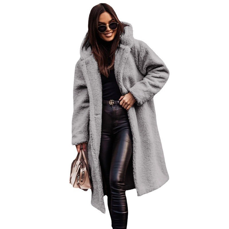 Damen Teddyfell-Mantel mit Kapuze – Langarm Wintermantel