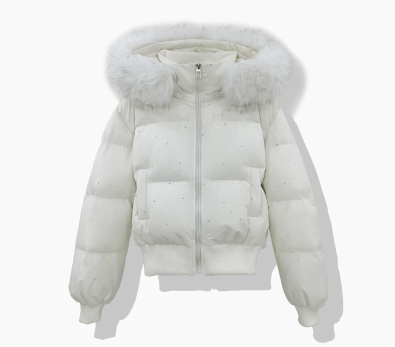 Kurze Pufferjacke für Damen mit Kunstfellkapuze und Glitzerdetails
