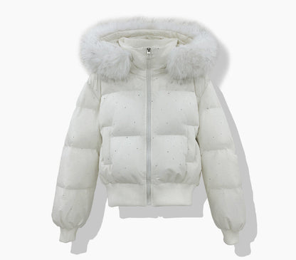 Kurze Pufferjacke für Damen mit Kunstfellkapuze und Glitzerdetails