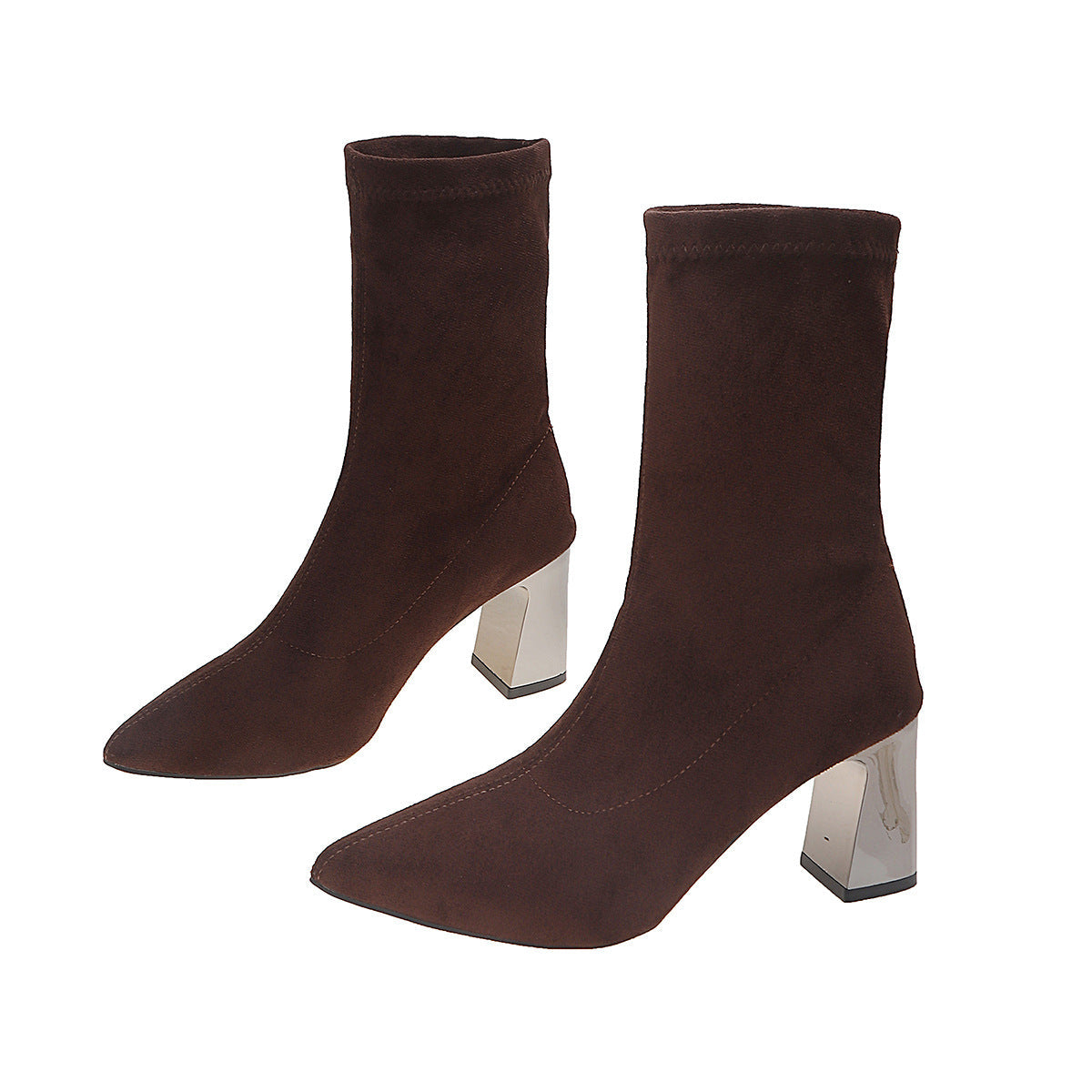 Stiefeletten Damen Spitz Zehenabsatz Stretch Schaft Dunkelbraun Blockabsatz