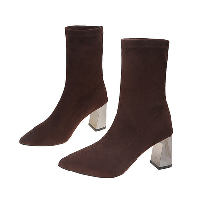 Stiefeletten Damen Spitz Zehenabsatz Stretch Schaft Dunkelbraun Blockabsatz
