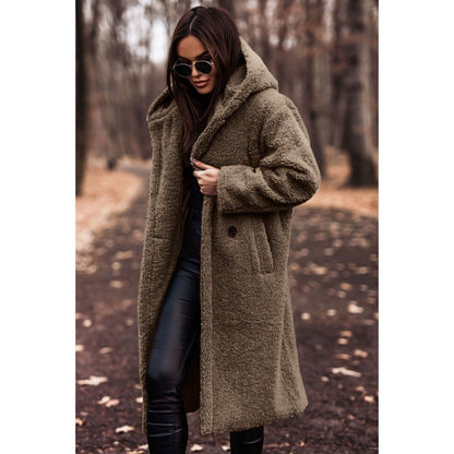 Damen Teddyfell-Mantel mit Kapuze – Langarm Wintermantel