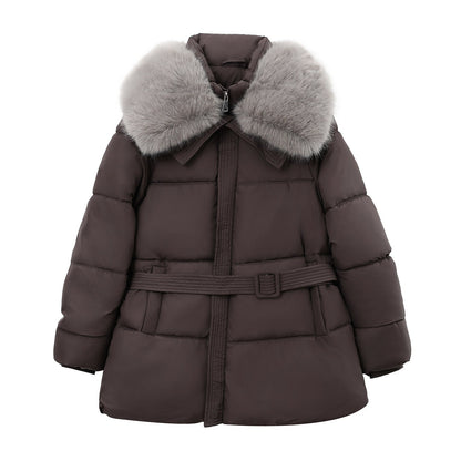 Damen Steppjacke Kurz mit Pelzkragen und Bindegürtel