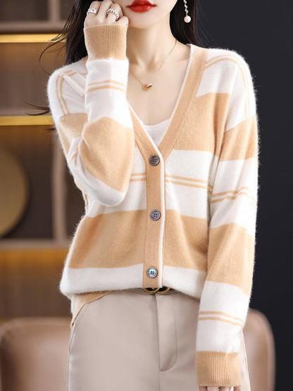 Damen Streifen Cardigan mit V-Ausschnitt und Knopfleiste