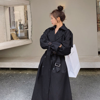 Damen Langer Trenchcoat Schwarz Doppelreiher mit Bindegürtel
