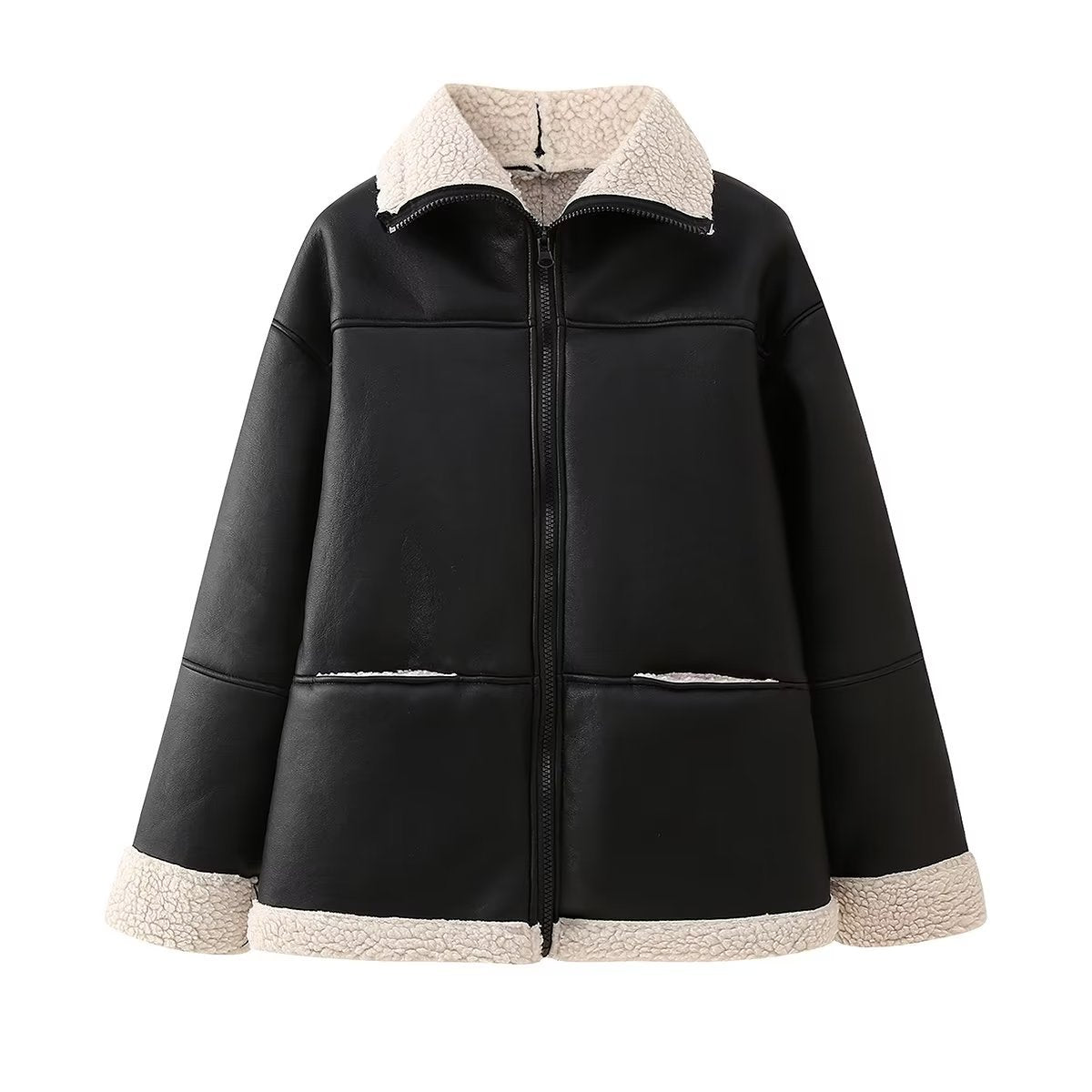 Unisex Wendejacke Schwarz mit Teddyfutter Lammfell-Optik Reißverschluss