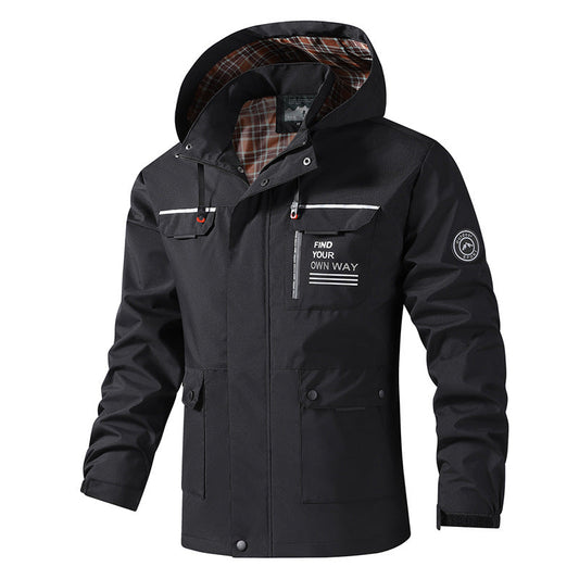 Herren Outdoor Jacke mit Kapuze & Karofutter - Schwarz