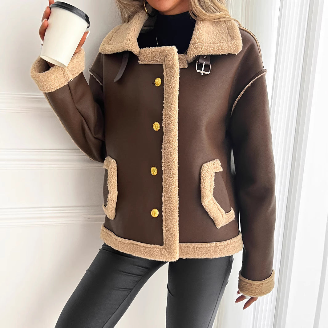 Damen Kurzjacke mit Teddyfutter, Kunstleder-Optik, Braun/Beige