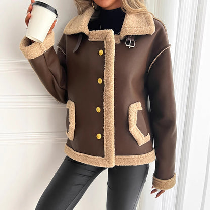 Damen Kurzjacke mit Teddyfutter, Kunstleder-Optik, Braun/Beige