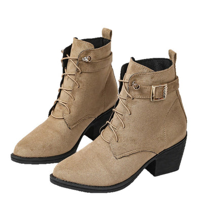 Damen Schnür-Stiefeletten mit Blockabsatz und Schnallendetail in Khaki