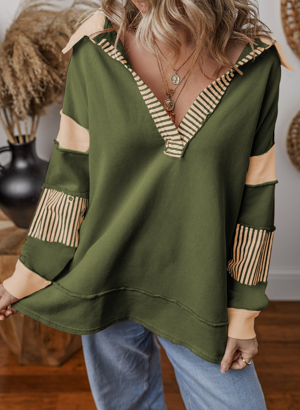 Damen Hoodie Pullover V-Ausschnitt Langarm Sweatshirt mit Streifenpatches