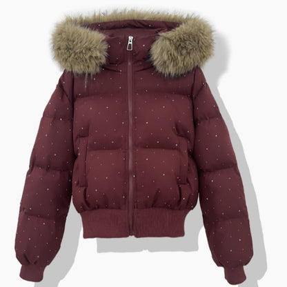 Kurze Pufferjacke für Damen mit Kunstfellkapuze und Glitzerdetails