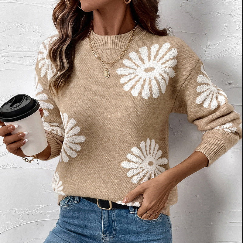 Damen Pullover Beige mit weißen Blumenmuster Rundhalsausschnitt Langarm Strick