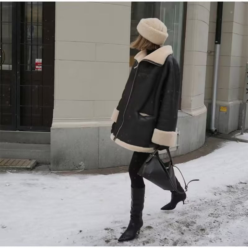 Unisex Wendejacke Schwarz mit Teddyfutter Lammfell-Optik Reißverschluss