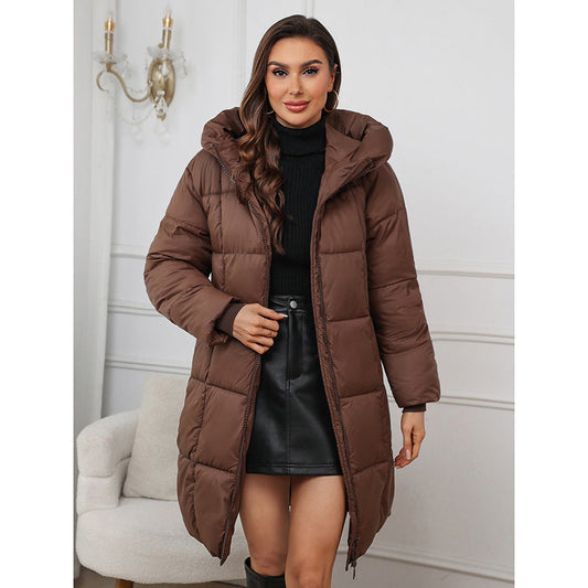 Damen Winter Steppjacke lang mit Kapuze und Reißverschluss, gefüttert