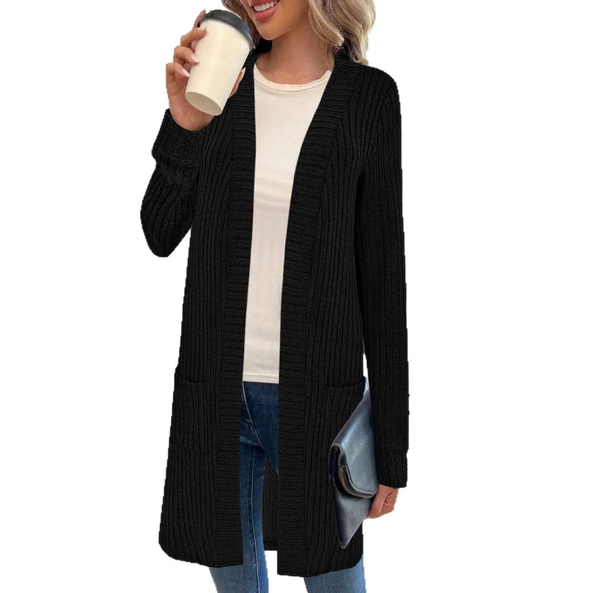 Damen Strick-Cardigan mit Rippmuster und Taschen, Lang, Offen