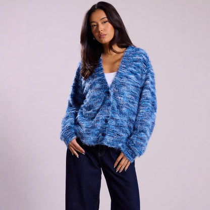 Damen Flauschiger Strick Cardigan mit V-Ausschnitt und Knopfleiste