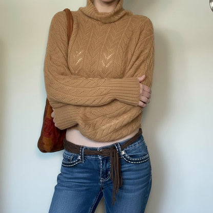 Damen Rollkragen Pullover in Khaki mit Lochmuster und Ballonärmeln