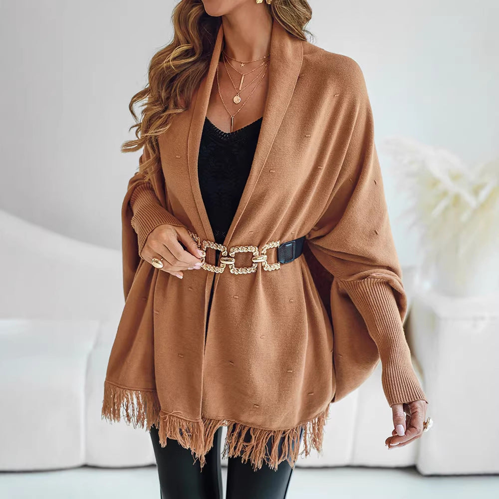 Damen Poncho Cardigan mit Fransen in Camel