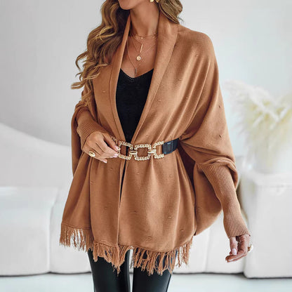 Damen Poncho Cardigan mit Fransen in Camel