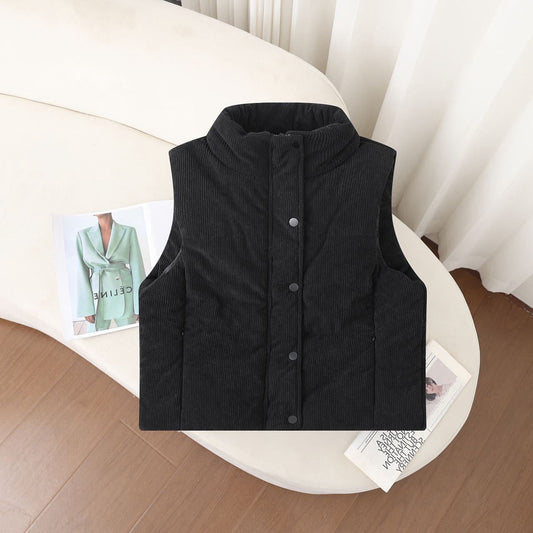 Unisex Cord Steppweste mit Stehkragen und Knopfverschluss