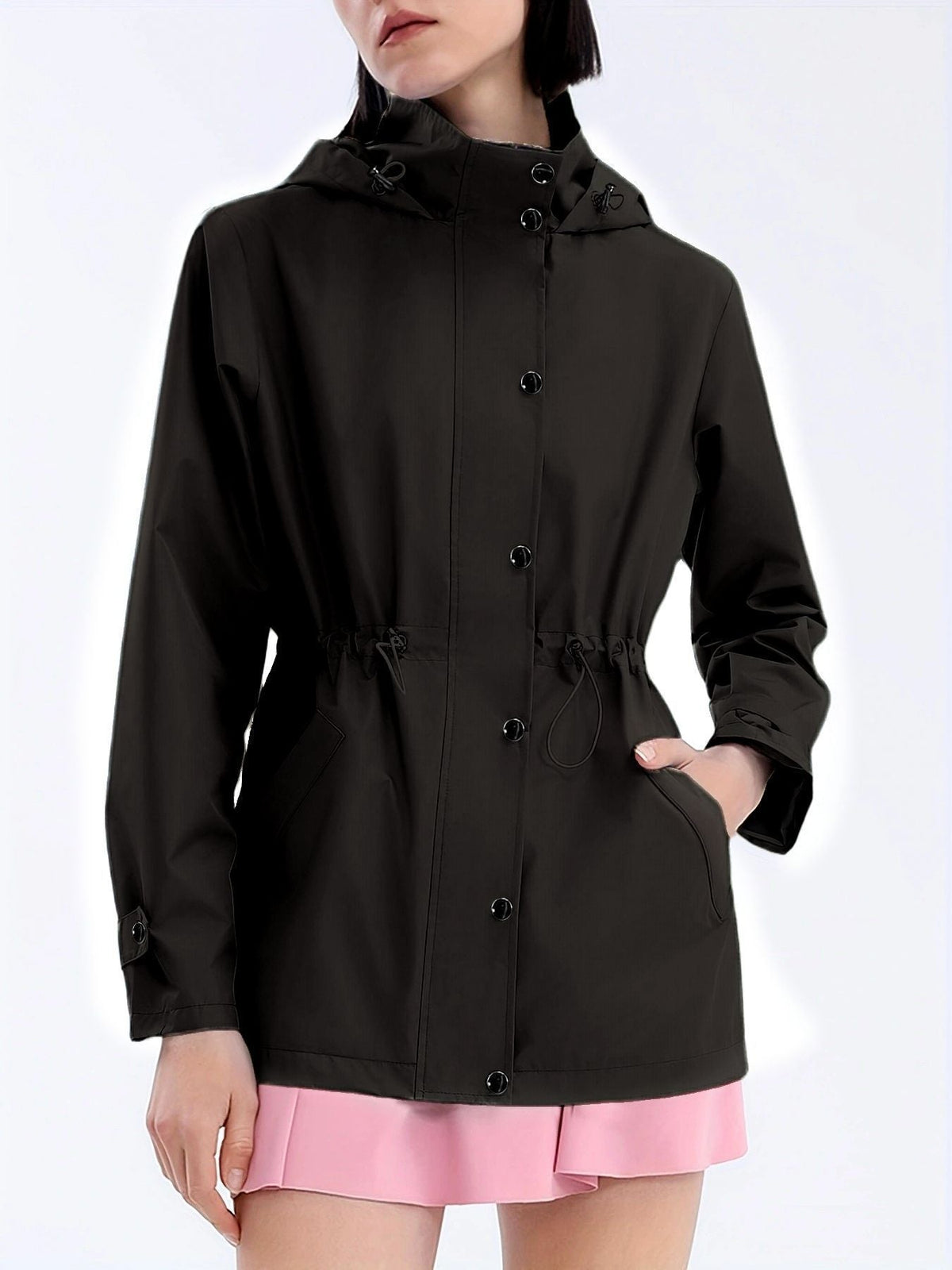 Damen Regenjacke mit Kapuze und Tunnelzug in Elfenbein, Schwarz, Lavendel oder Olivgrün