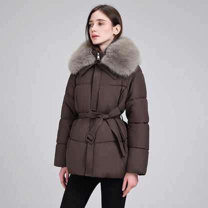 Damen Steppjacke Kurz mit Pelzkragen und Bindegürtel