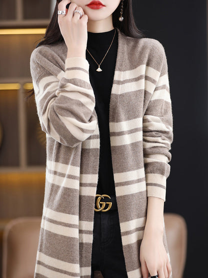 Damen Langer Strick-Cardigan mit Streifen oder Zopfmuster