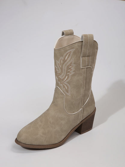 Damen Western Stiefel mit Stickerei, Cowboy Stiefeletten Blockabsatz