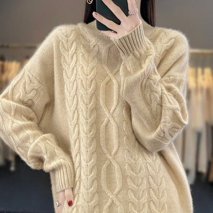 Damen Zopfstrick Pullover in Naturbeige mit Rundhalsausschnitt und Rippbündchen