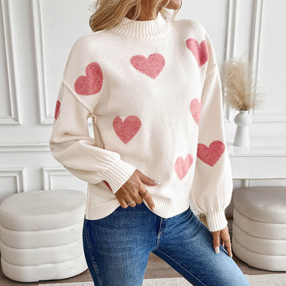 Damen Strickpullover Creme mit Rosa Herzmuster Hoher Kragen