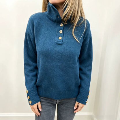 Damen Stehkragen Pullover mit Knopfleiste und Holzknöpfen an Ärmeln