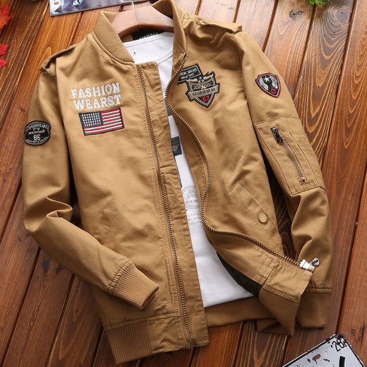Herren Bomberjacke mit Patches Reißverschluss Rippbündchen